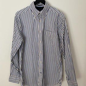 Tommy Hilfiger Men’s Classic Blue White Striped Button Up Shirt, Medium